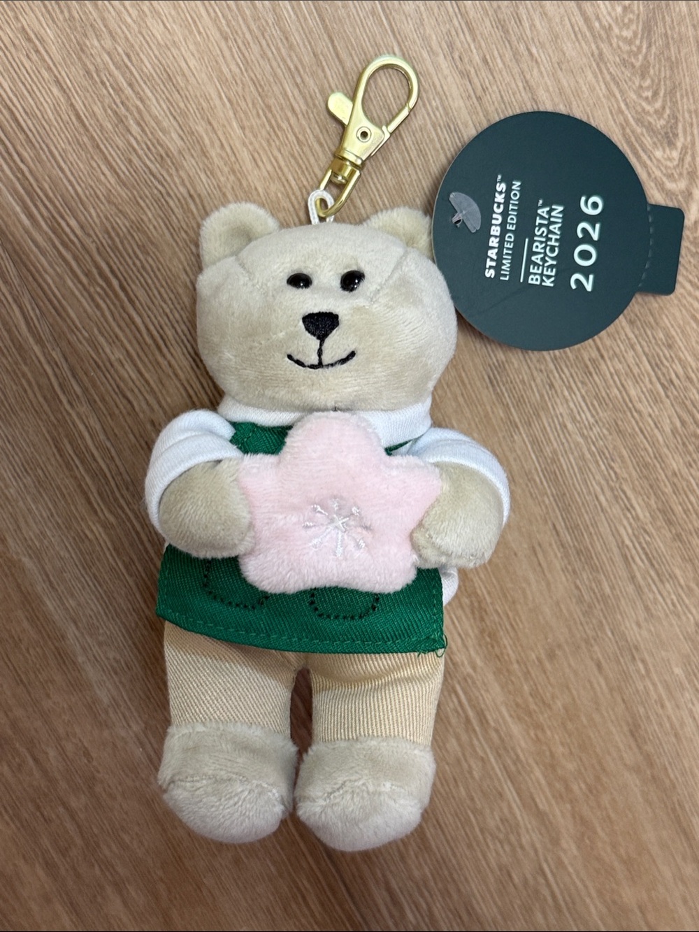 Starbucks Beige Bearista Plush Keychain with Cherry Blossom and Green Apron